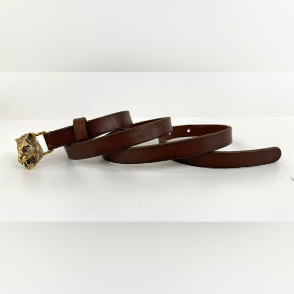 Gucci Women Brown Leather Gold Feline Head Belt Skinny - Picture 2 of 5